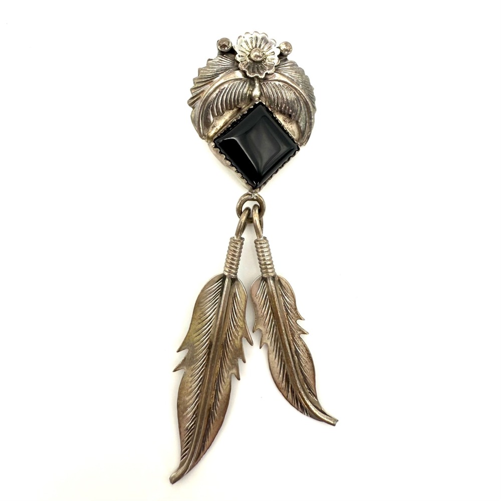 KB Sterling Silver Feather Pendant‎ Black Onyx Stone Vintage Jewelry Native